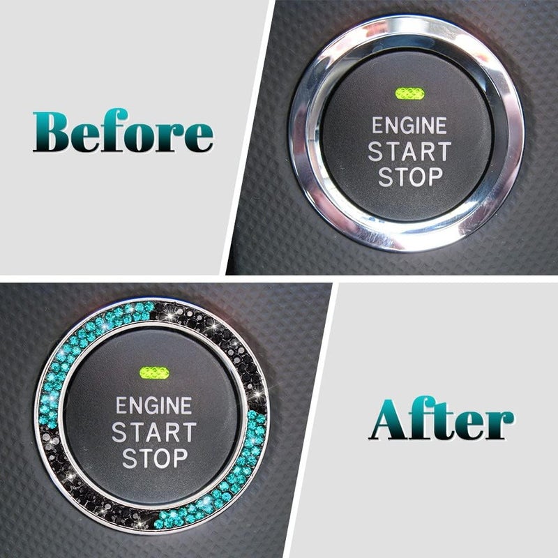 ToBeQueen Teal Push Start Button Cover Emblem Sticker, Interior Crystal Diamond Rhinestone Blue Bling Car Starter Ring Decoration, Turquoise Bling Car Accessories for Women, Black and Lake Blue - Image 2
